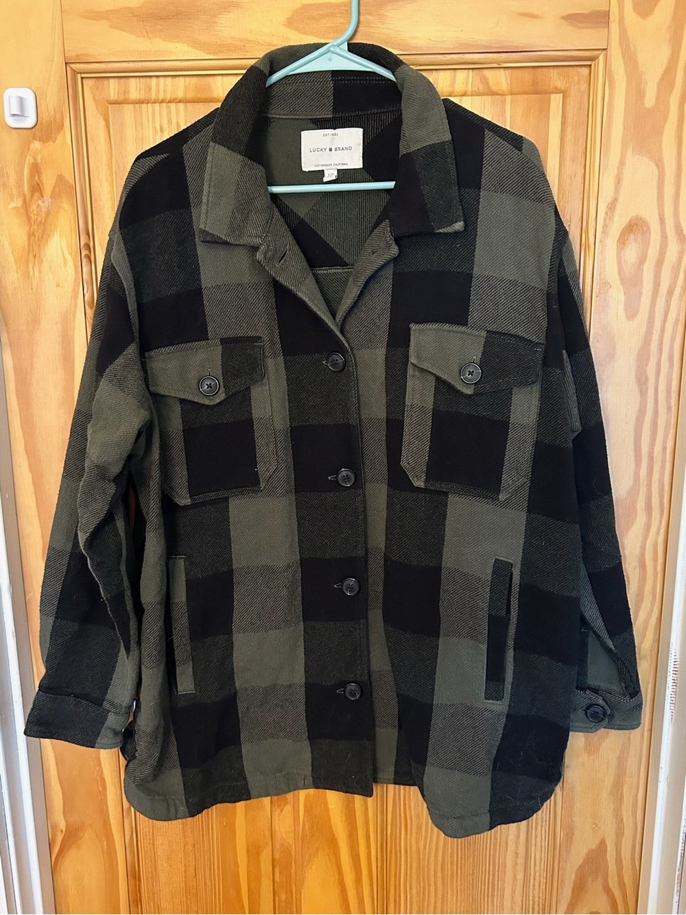 Lucky Brand Black & Olive Buffalo-Check Utility Shacket